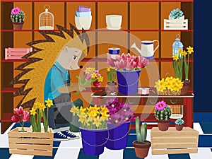 Hedgehog florist. Vector illustration.